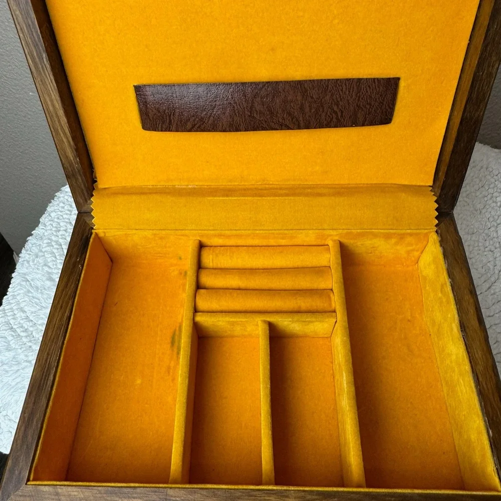 Vintage Wood Jewelry Box Brown Faux Leather Studded Valet Organizer MCM
